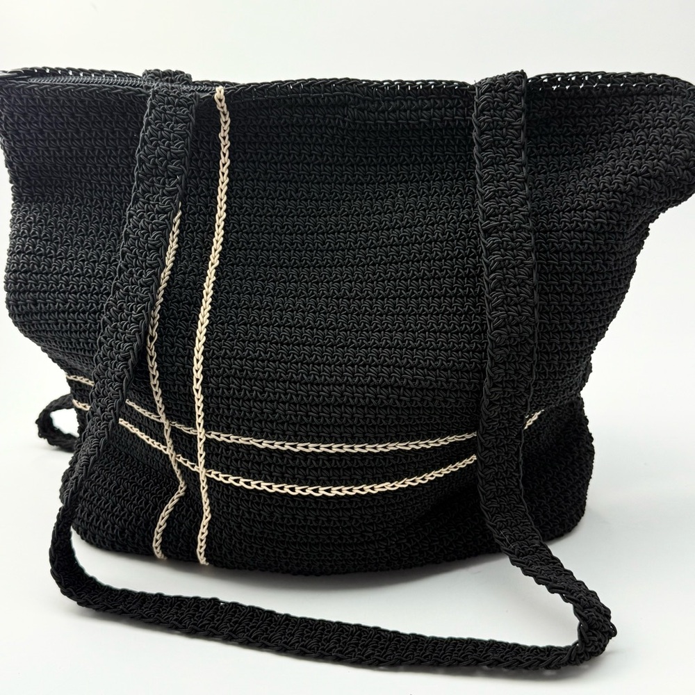 Chateau Black Crochet Shoulder Tote Bag with Cream Trim Boho Style